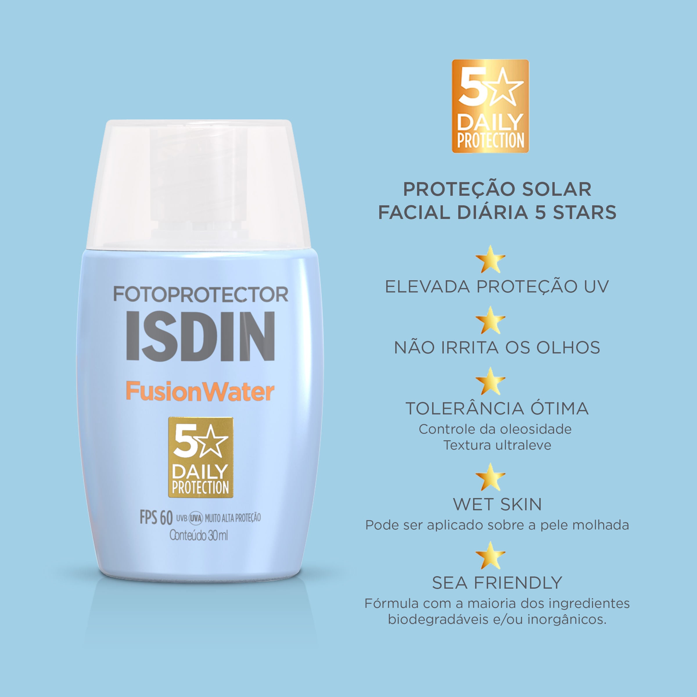 Protetor Solar Facial Isdin Fusion Water 5 Stars FPS60 30ml